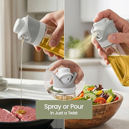Olive Oil Dispenser for Kitchen 2-in-1 Pour and Spray | 11.5 oz / 340 ml | Glass Olive Oil Sprayer for Cooking, Airfryer, Salad & BBQ | Set of 2 Bottles, White - color: White