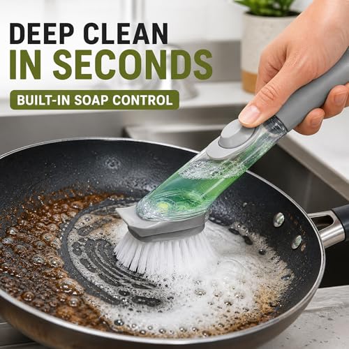 Soap Dispensing Dish Brush, Kitchen Scrub Brush with Built-in Soap Dispenser for Pots, Pans, Sink, Dishes & Everyday Cleaning