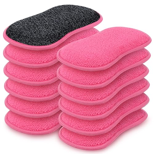 HOMEXCEL 12 Pack Multi-Purpose Scrub Sponges Kitchen Dish Sponge Non-Scratch Microfiber Sponge for Efficiently Cleaning Dishes Pots Pans, Pink - color: Pink