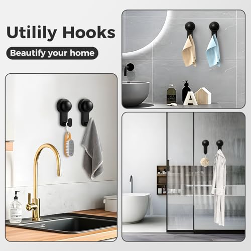 Shower Hooks for Inside Shower,No-Drill Removable&Reusable Towel Hooks for Bathroom,Heavy Duty Suction Cup Hooks for Glass Window,2 Pack(Black) - color: Black