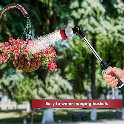 RESTMO Metal Watering Wand, Heavy Duty Garden Hose Wand with 180° Swivel Ratcheting Head, 16'' Hose Nozzle Sprayer with 7 Spray Patterns and Flow Control, for Water Hanging Baskets and Shrubs, Red - color: Red
