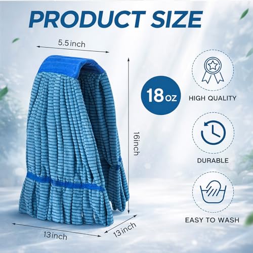 Hushee 6 Pack Large Microfiber Tube Mop Heads 18 oz Heavy Duty Commercial Industrial Wet Mop Head Refill Reusable Machine Washable Looped End Mopheads for Hardwood, Tile, Laminate Floors (Blue) - color: Blue