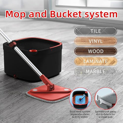 Spin Mop and Bucket Set with Self Separation Dirty and Clean Water System Square Mop Bucket Self Wringing 360° Rotating Clean Mop-Head for Hardwood Tile Marble Floors (Black+Red, 10 Pads) - size: Black+Red Mop Set with 10 Pads