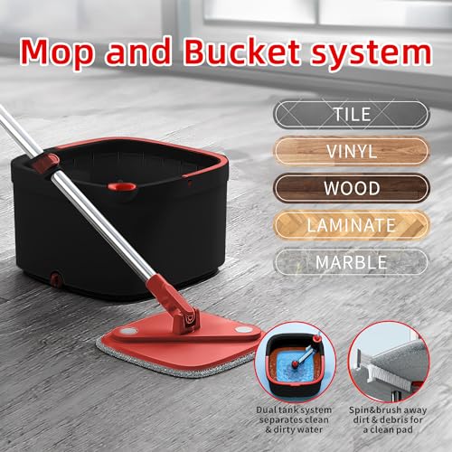 Spin Mop and Bucket Set with Self Separation Dirty and Clean Water System with 14 Pads, Square Mop Bucket Self Wringing 360° Rotating Clean Mop-Head for Hardwood Tile Marble Floors (Black+Red - size: Black+Red Mop Set with 14 Pads