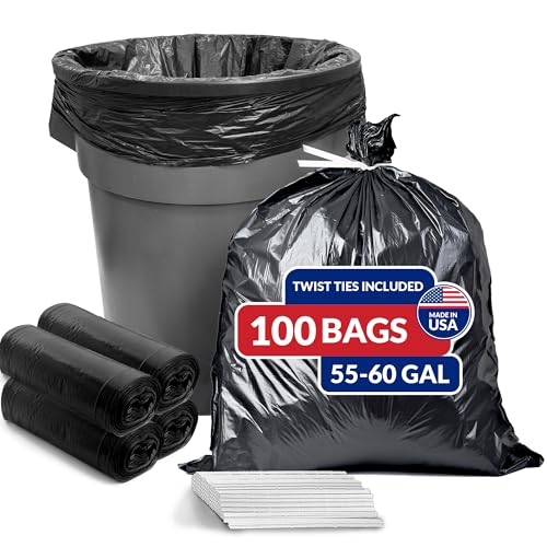 Reli. 55 Gallon Trash Bags Heavy Duty (100 Count) | Black | Twist Ties Included | Extra Tough, Leak-Proof Garbage Bags | Ideal for Large Clean Ups