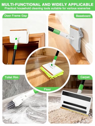 4-in-1 Baseboard Cleaning Tool with Handle 5 Reusable Pads 1 Stiff Bristle Brush Carpet Rake for Pet Hair Removal Baseboard Cleaner Carpet Windows Wall Floor Bathroom Kitchen