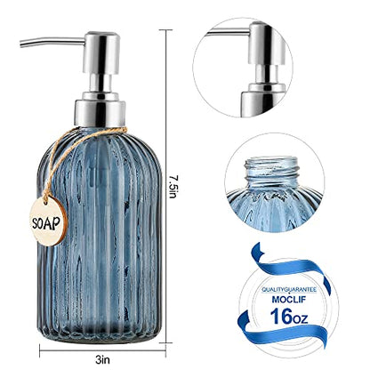 MOCLIF 16 OZ Soap Dispenser，Tempered Glass Clear Vertical Stripe with 304 Rust Proof Stainless Steel Pump Refillable Liquid Hand Soap Dispenser，for Bathroom, Kitchen, Dish Soap，Lotion (Blue Grey) - color: Blue Grey