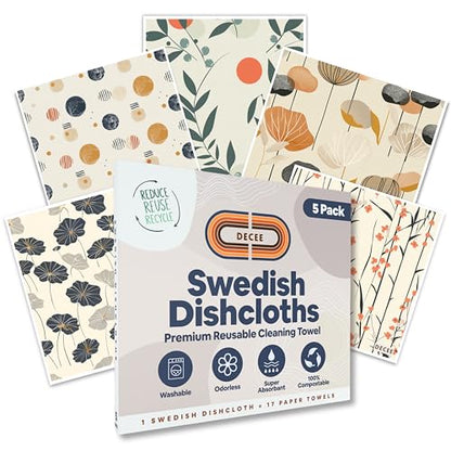 DECEE Swedish dishcloths (Blossom) 5 Pack Reusable Paper Towels | Washable | Swedish Dish Towels | Non-Scratch Cellulose Sponge Cloths | No Odor, Biodegradable Cleaning Cloths - color: Blossom