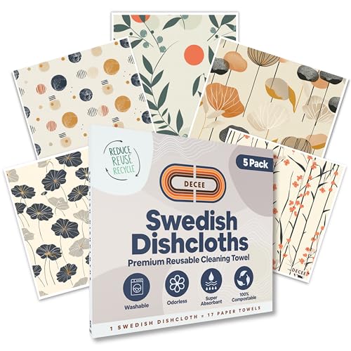 DECEE Swedish dishcloths (Blossom) 5 Pack Reusable Paper Towels | Washable | Swedish Dish Towels | Non-Scratch Cellulose Sponge Cloths | No Odor, Biodegradable Cleaning Cloths - color: Blossom