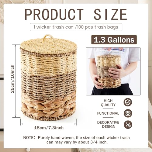 Ctosree 1.3 Gallons Small Trash Can with Lid Handle Boho Woven Braided Bathroom Waste Basket Trash Can with 100 Garbage Bags for Bedroom Office Laundry(Braided Wicker, Primary Color) - color: Primary Color, style: Round