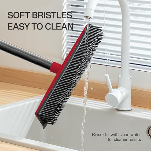 Rubber Broom with Hair Removal Gloves for Carpet Pet Hair Remover,50 inch Long Handled Fur Remover Rake,Portable Detailing Lint Brush,Pet Removal Fluff Carpet, Hardwood Floor and Tile,Red