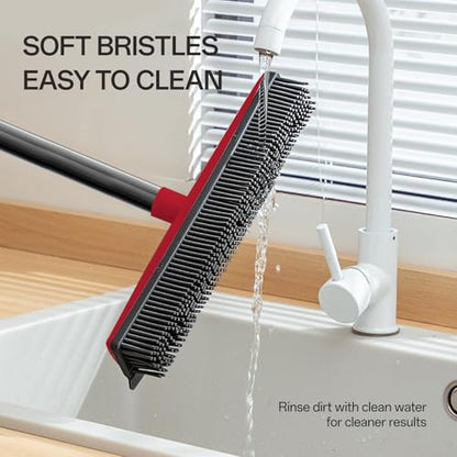 Rubber Broom with Hair Removal Gloves for Carpet Pet Hair Remover,50 inch Long Handled Fur Remover Rake,Portable Detailing Lint Brush,Pet Removal Fluff Carpet, Hardwood Floor and Tile,Red