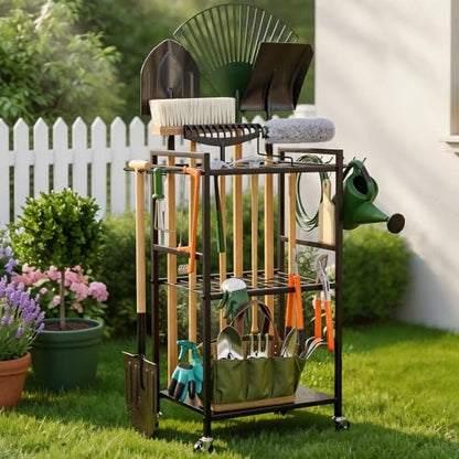 SPACECARE Garden Tool Organizer with Wheels, Yard Tower Rack for Garage Organization and Storage, Up to 35 Long-Handled Tools/Rakes/Brooms, Heavy Duty Steel Garden Tool Stand for Shed, Outdoor, Black - style: RACK-with Wheels