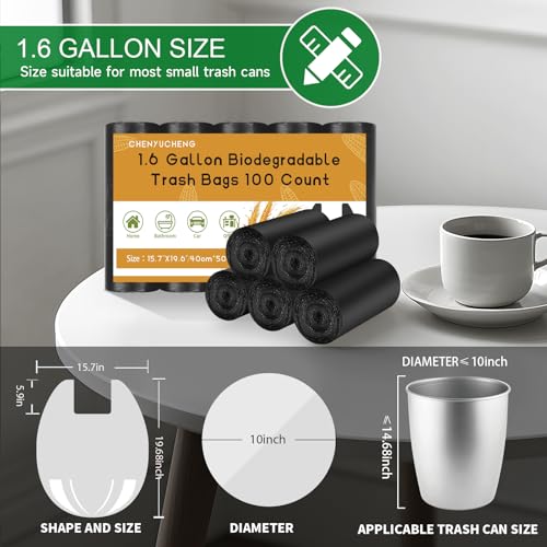 1.6 Gallon Trash Bags For Bathroom With-Handles - Black Small Garbage Bags 100 Count 6 Liter (Fit 1.3-1.5Gal) Unscented Compostable Biodegradable Mini Waste Basket Liners Kitchen Office Chenyucheng - style: 1.6gallon Black 100 Count