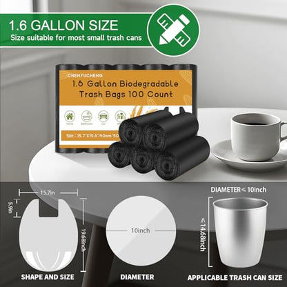1.6 Gallon Trash Bags For Bathroom With-Handles - Black Small Garbage Bags 100 Count 6 Liter (Fit 1.3-1.5Gal) Unscented Compostable Biodegradable Mini Waste Basket Liners Kitchen Office Chenyucheng - style: 1.6gallon Black 100 Count