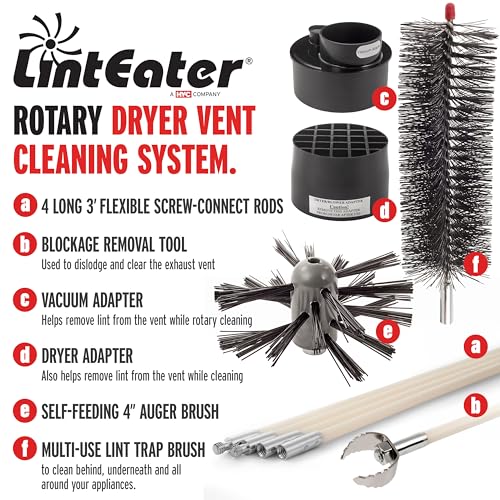 Dryer Vent Duct Cleaning Kit - Gardus RLE202 LintEater Rotary Dryer Vent Cleaner Kit, Removes Lint, Dryer Vent Cleaning System Extends Up to 12’ with 4 Flexible 3' Rods, Air Duct Cleaning Tools - style: 12' Screw-Connect Kit