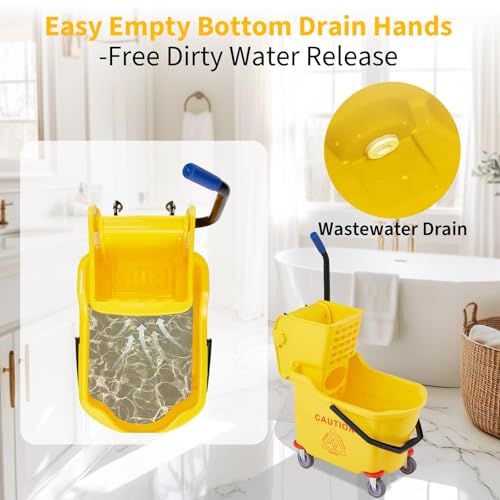 Heavy Duty 32L Commercial Mop and Bucket Set – Double Bucket Floor Cleaning System with Side Press Wringer, Rolling Wheels, for Janitorial, Restaurant, Office, Industrial Use – Yellow
