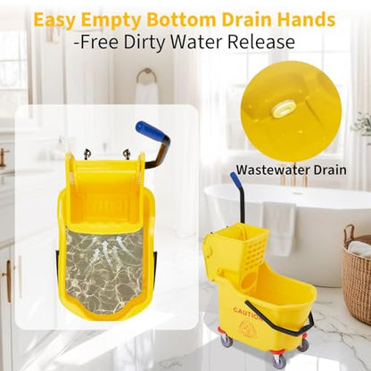 Heavy Duty 32L Commercial Mop and Bucket Set – Double Bucket Floor Cleaning System with Side Press Wringer, Rolling Wheels, for Janitorial, Restaurant, Office, Industrial Use – Yellow