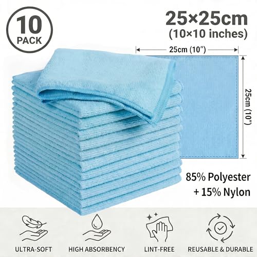 Microfiber Cleaning Cloth 10 Pack, 9.8 x 9.8 Inch Towels, Ultra Absorbent & Lint-Free, Streak-Free Rags for Car, Kitchen, Window & Household, Reusable Washable Cleaning Cloths (Blue) - color: Blue