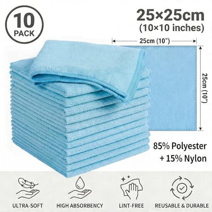 Microfiber Cleaning Cloth 10 Pack, 9.8 x 9.8 Inch Towels, Ultra Absorbent & Lint-Free, Streak-Free Rags for Car, Kitchen, Window & Household, Reusable Washable Cleaning Cloths (Blue) - color: Blue