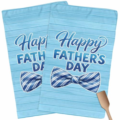 Happy Father's Day Kitchen Towels Set of 2 Blue Stripes Tie Rustic Wooden Grain Decorative Dish Towels Ultra Soft Microfiber Absorbent Reusable Dishcloths for Kitchen Drying, 18x28 Inch - size: 28" x 18" (Pack of 2)