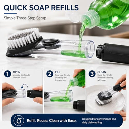 Soap Dispensing Dish Brush with Built-in Scraper, Black, for Dishes, Pots, Pans, Plates, Cookware, and Countertops