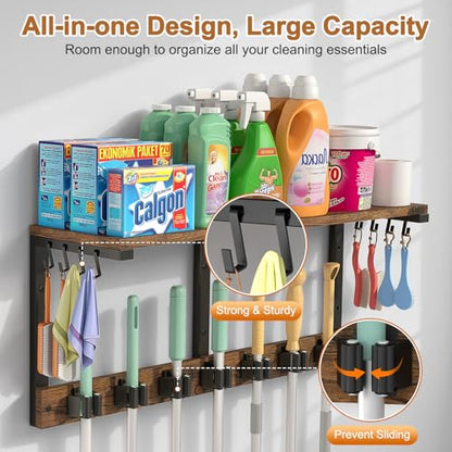 Housolution Broom Holder Wall Mount with Cleaning Supplies Organizer, 100 LBS High Load-Bearing Laundry Room Storage Shelves, Multifunctional Mop Hanger Rack with 7 Grippers & 8 Hooks - size: 7 Grippers with 1 Tier Shelf