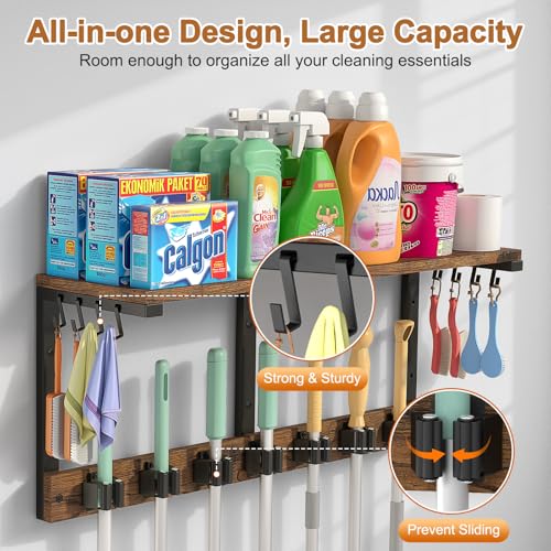 Housolution Broom Holder Wall Mount with Cleaning Supplies Organizer, 100 LBS High Load-Bearing Laundry Room Storage Shelves, Multifunctional Mop Hanger Rack with 7 Grippers & 8 Hooks - size: 7 Grippers with 1 Tier Shelf