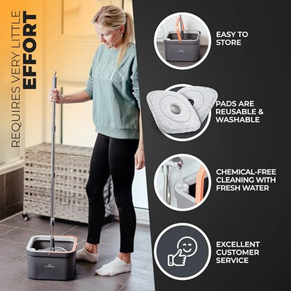 Spin Mop and Bucket Set with Wringer – Dual-Chamber Self Wringing Mop, Flat Microfiber Mop for Hardwood, Tile & Vinyl Floors, 2 Washable Replacement Heads, 63" Handle, Gray - color: Gray