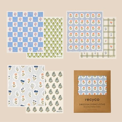 RECYCO Swedish Dishcloths for Kitchen | 6 Packs Bloom Tiles Washable Dish Rags | Cellulose Reusable Cleaning Paper Towels | Absorbent Counter Dish Cloth Sponge Kitchen Wipes, 8" L x 7" W - color: Bloom Tiles - 6 Pack