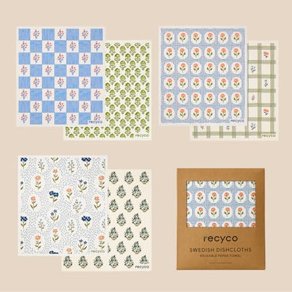 RECYCO Swedish Dishcloths for Kitchen | 6 Packs Bloom Tiles Washable Dish Rags | Cellulose Reusable Cleaning Paper Towels | Absorbent Counter Dish Cloth Sponge Kitchen Wipes, 8" L x 7" W - color: Bloom Tiles - 6 Pack