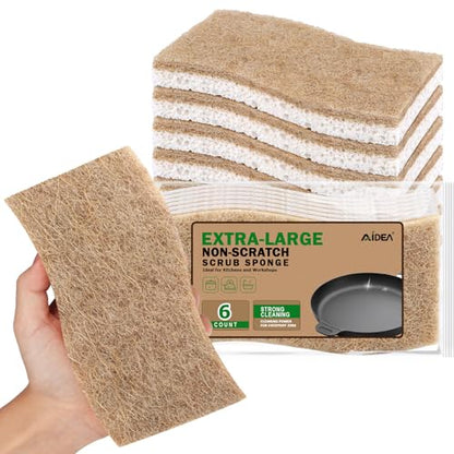 AIDEA XL Scrub Sponges Non-Scratch, 6Count, Large Natural Sponge for Non Stick Cookware, Sponges Kitchen, Cellulose Cleaning Sponge for Dishes, Kitchen, Bathroom, Household - color: Brown-extra Large
