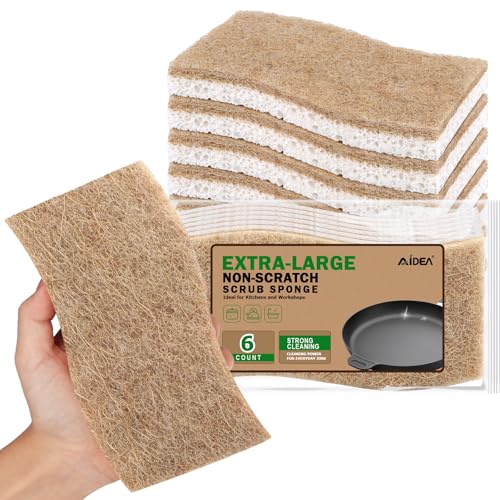 AIDEA XL Scrub Sponges Non-Scratch, 6Count, Large Natural Sponge for Non Stick Cookware, Sponges Kitchen, Cellulose Cleaning Sponge for Dishes, Kitchen, Bathroom, Household - color: Brown-extra Large