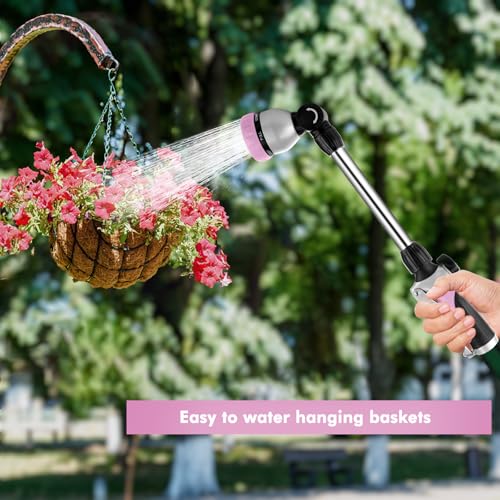 RESTMO Metal Watering Wand, Heavy Duty Garden Hose Wand with 180° Swivel Ratcheting Head, 16'' Hose Nozzle Sprayer with 7 Spray Patterns and Flow Control, for Water Hanging Baskets and Shrubs, Pink - color: Pink