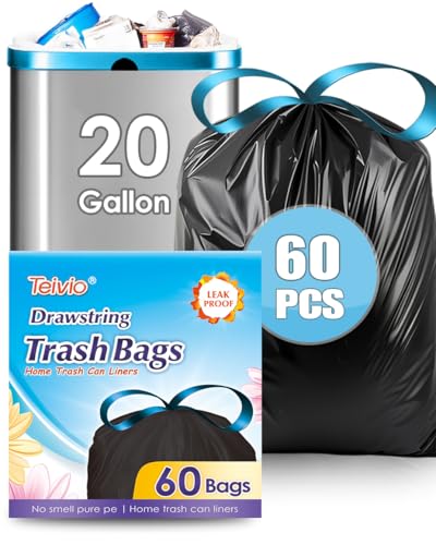 Teivio 20 Gallon 60 Counts (fit 18-20 Gal) Large Drawstring Trash Bags Strong Tall Kitchen Compactor Bags Garbage Bags for Home/Office/Light Residential Waste/Outdoor Trash Can, Lawn，Black Trash - style: 60-20Gallon-Black