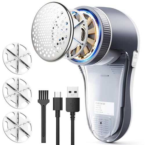 POPCHOSE Fabric Shaver, Lint Shaver for Clothing, Electric Lint Remover with 6-Leaf Blades, Sweater Defuzzer, Clothes Shaver for Couch, Furniture, Blanket, Remove Pilling, USB Rechargeable - color: Grayish White