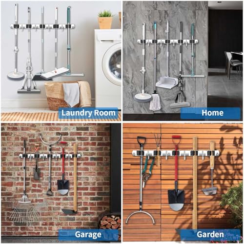 Broom Holder Wall Mount, Stainless Steel Broom Hanger Wall Mount, Heavy Duty Mop and Broom Holder Tool Racks Utility Hooks for Laundry Room Garden Garage, Grey (5 Racks and 4 Hooks) - color: Gray, size: 1Pack 5R4H