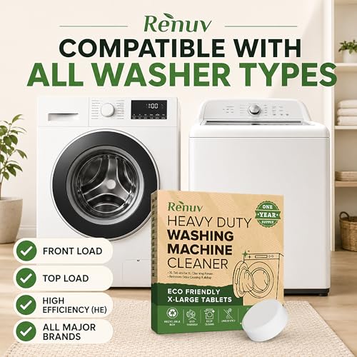 Renuv® Heavy Duty Washing Machine Cleaner & Descaler, 12 XL Tablets | Deep Cleaning Tablets Remove Residue, Grime Buildup, Front Load or Top Load Washer, HE and Septic Safe, 1 Year Supply - style: 12 XL Tablets (1 Year)