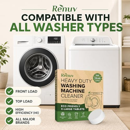 Renuv® Heavy Duty Washing Machine Cleaner & Descaler, 12 XL Tablets | Deep Cleaning Tablets Remove Residue, Grime Buildup, Front Load or Top Load Washer, HE and Septic Safe, 1 Year Supply - style: 12 XL Tablets (1 Year)