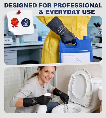 AnTools 2 Pairs Heavy-Duty Chemical Resistant Rubber Gloves, Protective Industrial Gloves for Cleaning, Dishwashing, Resist Acid, Alkali, Hazmat, Black, Large - size: Large (Pack of 2)