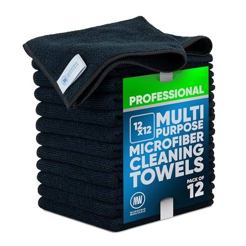 MW PRO Microfiber Cleaning Cloths Black (12 Pack, 12x12) - Commercial Janitorial Towels & Lint Free Rags - Heavy Duty for Auto Detailing, Glass Windows, Housekeeping & Screens - Washable 300+ Times - color: Black, size: 12 Count (Pack of 1)