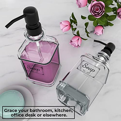 GLADPURE 2 Pack Soap Dispenser, 18 Oz Antique Design Thick Glass Hand Dispensers; with 304 Rust Proof Stainless Steel Pump, 6Pcs Clear Stickers, for Kitchen, Bathroom- Black - color: Black