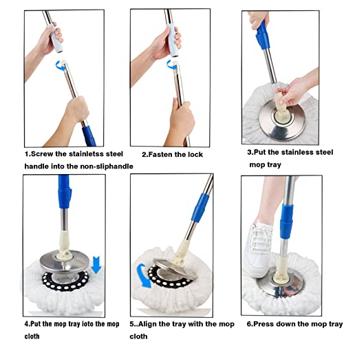 Mop and Bucket Set, 360° Spin Mop and Bucket with Wringer Set and 6 Microfiber Mop Refills, Stainless Steel 61" Extended Handle Spinning Mop Bucket System for Floor Cleaning (2 Sets) - color: Blue*2