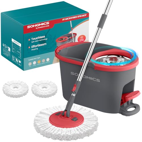 SONGMICS Spin Mop and Bucket Set with Pedal Wringer, Floor Cleaning Mop, Adjustable Telescopic Handle, Max. 59.1-Inch Length, 360° Rotating Head, 2 Microfiber Pads, Gray and Red ULMB002GT02 - color: Gray + Red, size: 2 Pads