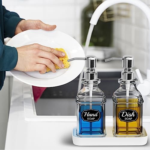 LMQML Soap Dispenser - 2 Pack, Antique Design Thick Glass Hand Soap Dispensers with Sturdy Tray; 304 Rust Proof Stainless Steel Silver Pump, 12Pcs Stickers, for Kitchen, Bathroom - color: Silver