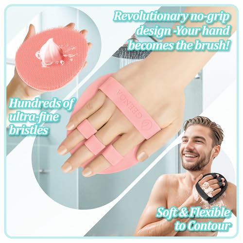 Silicone Back Scrubber & Bath Glove Set 2PCS, 13.4'' Gentle Shower Back Scrubber with Dual-Side Head Non-Slip Handle, 360° Anti-Slip Hand-fit Bath Glove for Rich Foaming Deep Cleaning(Pink) - color: Pink*2