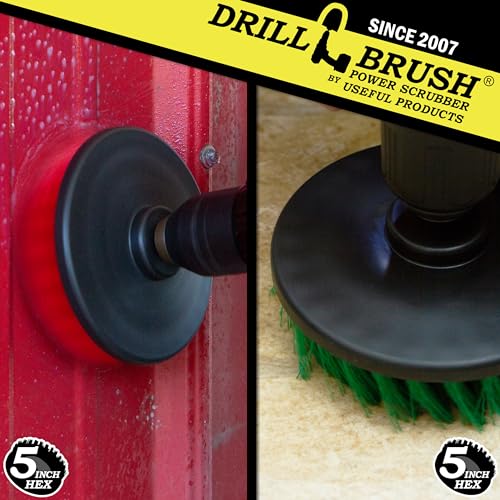 Drill Brush - Cleaning Supplies - Medium and Stiff Bristle Brush Kit - Spin Brush - Grout Cleaner - Tile, Counter-tops, Stove, Oven, Sink, Trash Can, Floors - Concrete Swimming Pools, Garden Fountains - color: Green / Red