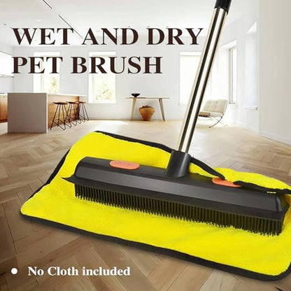 Pet Rubber Broom with 49inch Long Handle, Portable Detailing Lint Remover, Soft Push Broom for Fluff Carpet, Hardwood, Tile, Window (Black)