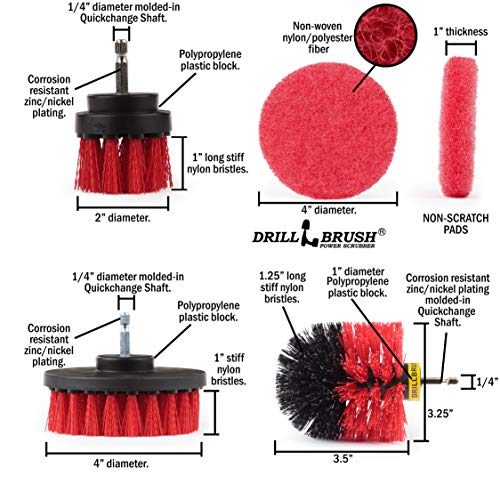 Drillbrush - Drill Brush Kit - Rotary Drill Brush Cordless Scrubber - Deck Scrub Brush - Scrub Brush Kit - Concrete Cleaner Brush - Marble Brush - Brick Cleaner - Stone Cleaning - Ceramic Tile Cleaner - color: Red