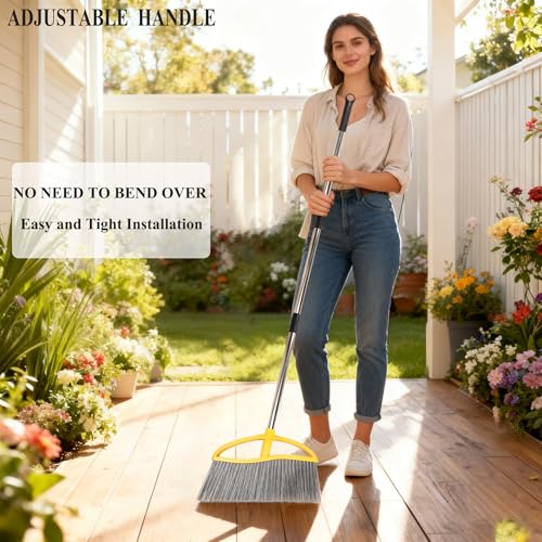 3 Pack Wide Heavy Duty Angle Broom - Stiff Bristle Outdoor Brooms for Sweeping Patio, Garden, Garage, Yard (Black, Yellow, Green) - color: Black, Yellow, Green